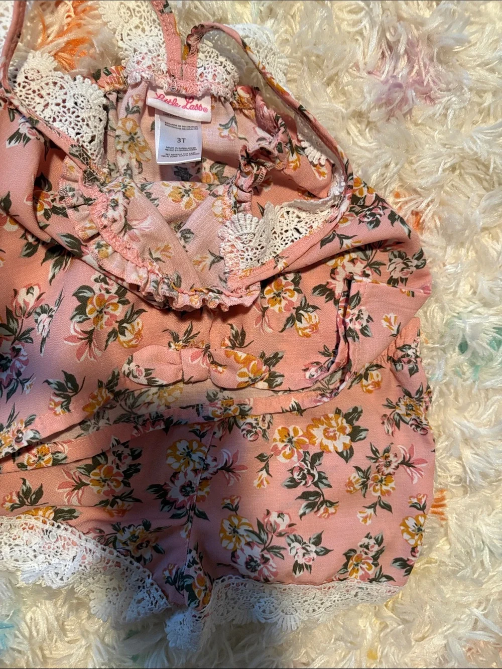 Little Lass Pink Floral Lace-Trim Tank & Shorts Set - Picture 3 of 3